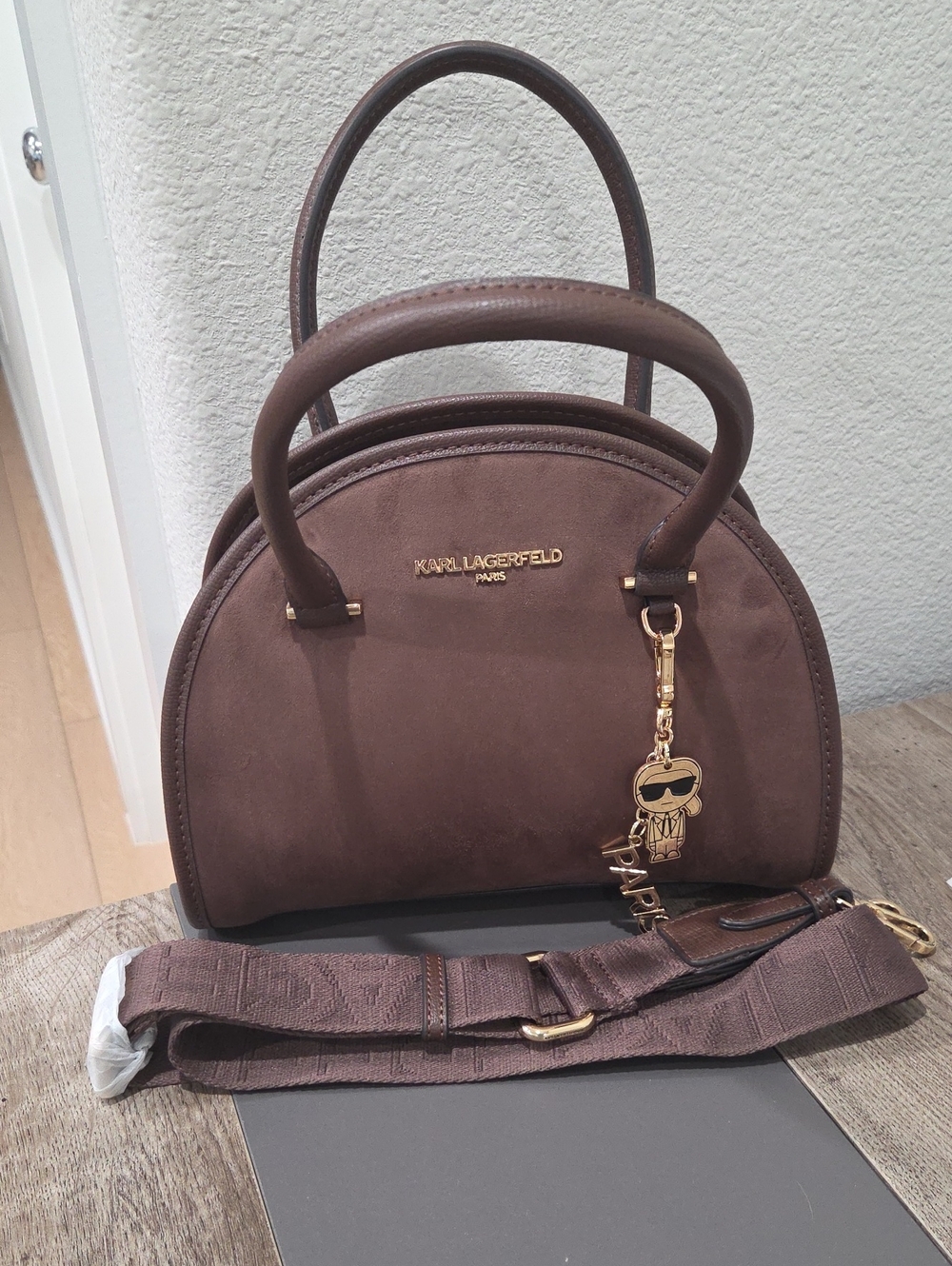 Karl Lagerfeld Chocolate Brown Dome Satchel with Gold Charms Karl & Paris NWT